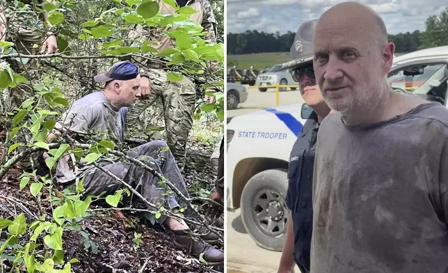 FILE - This combo of images released by the Arkansas Department of Corrections shows the recapture of escaped inmate Grant Hardin, an ex-police chief and convicted killer, by Arkansas law enforcement officers and the U.S. Border Patrol, June 6, 2025, near Moccasin Creek in Izard County, about 1.5 miles (2.4 kilometers) northwest of Calico Rock prison. in Calico Rock, Ark. (Arkansas Department of Corrections via AP, File)