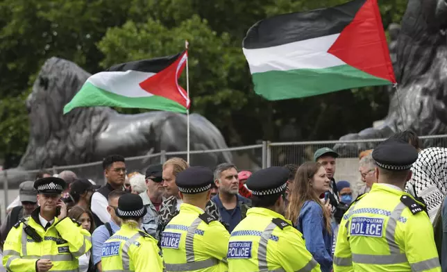 Demonstrators pass aline of police during a protest by Palestine Action group in London, Monday, June 23, 2025. (AP Photo/Frank Augstein)