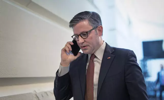 Speaker of the House Mike Johnson, R-La., arrives for an early morning strategy session with the Republican Conference, at the Capitol in Washington, Tuesday, July 22, 2025. (AP Photo/J. Scott Applewhite)