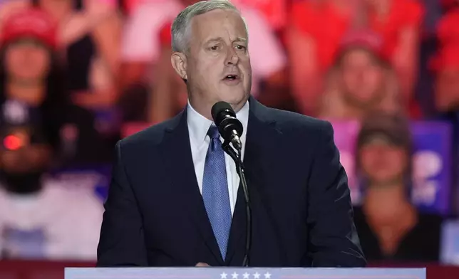 FILE - Michael Whatley, chairman of the Republican National Committee, speaks at a campaign rally, Nov. 2, 2024, in Greensboro, NC. (AP Photo/Alex Brandon, File)