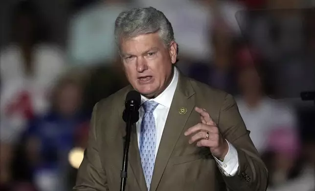 FILE - Rep. Mike Collins, R-Ga., speaks at a campaign rally, Oct. 28, 2024, in Atlanta. (AP Photo/Mike Stewart, File)
