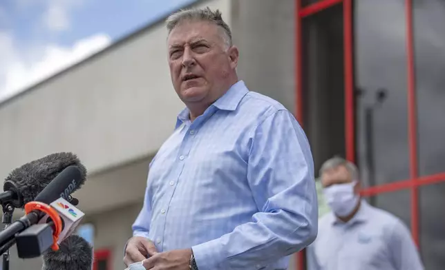 FILE - Georgia Insurance and Safety Fire Commissioner John King makes a statement and answers questions from the media IN Gainesville, Ga., May 15, 2020. (Alyssa Pointer/Atlanta Journal-Constitution via AP, File)