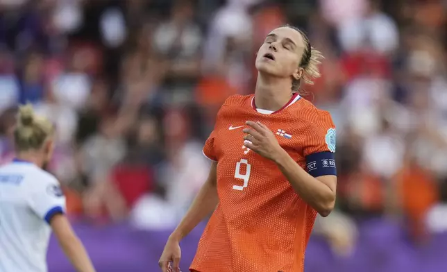 Netherlands' Vivianne Miedema reacts after a missed chance to score during the Euro 2025, group D, soccer match between England and the Netherlands at Stadion Letzigrund in Zurich, Switzerland, Wednesday, July 9, 2025. (AP Photo/Alessandra Tarantino)