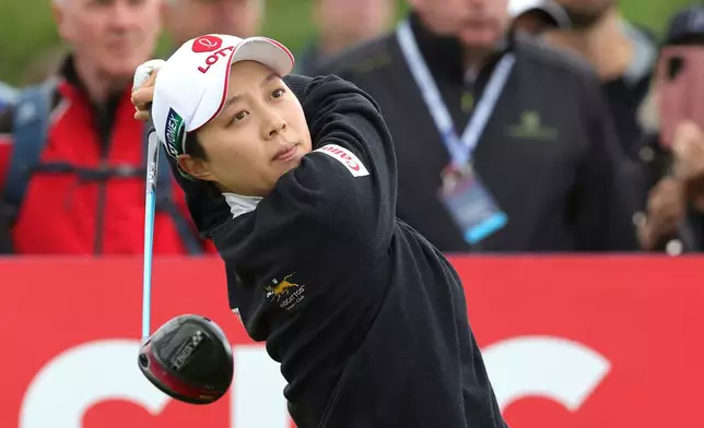 South Korea's Hyo Joo Kim plays off the 1st tee during the Women's Scottish Open at the Dundonald Links, Irvine, Scotland, Sunday July 27, 2025. (Steve Welsh/PA via AP)