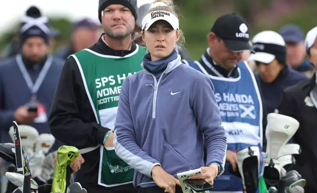 USA's Nelly Korda on the 1st tee during the Women's Scottish Open at the Dundonald Links, Irvine, Scotland, Sunday July 27, 2025. (Steve Welsh/PA via AP)