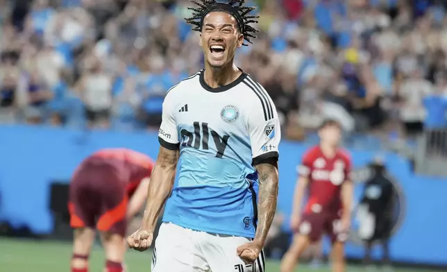 Charlotte FC forward Idan Toklomati celebrates after scoring against the Toronto FC during the second half of a MLS soccer game Saturday, July 26, 2025, in Charlotte, N.C. (AP Photo/Chris Carlson)