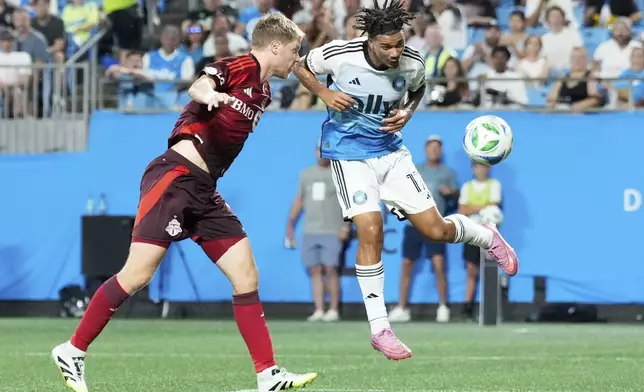 Charlotte FC forward Idan Toklomati scores past Toronto FC defender Sigurd Rosted during the second half of a MLS soccer game Saturday, July 26, 2025, in Charlotte, N.C. (AP Photo/Chris Carlson)