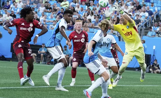 Charlotte FC goalkeeper Kristijan Kahlina makes a save against the Toronto FC during the first half of a MLS soccer game Saturday, July 26, 2025, in Charlotte, N.C. (AP Photo/Chris Carlson)