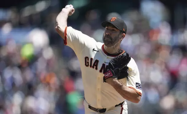 San Francisco Giants pitcher Justin Verlander throws against the Philadelphia Phillies during the first inning of a baseball game in San Francisco, Wednesday, July 9, 2025. (AP Photo/Jeff Chiu)
