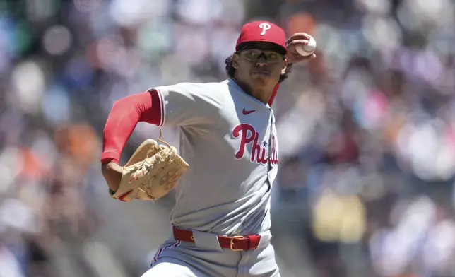 Philadelphia Phillies pitcher Jesús Luzardo throws against the San Francisco Giants during the first inning of a baseball game in San Francisco, Wednesday, July 9, 2025. (AP Photo/Jeff Chiu)