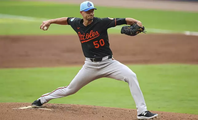 Baltimore Orioles pitcher Charlie Morton delivers in the first inning of a baseball game against the Atlanta Braves, Friday, July 4, 2025, in Atlanta. (AP Photo/Colin Hubbard)