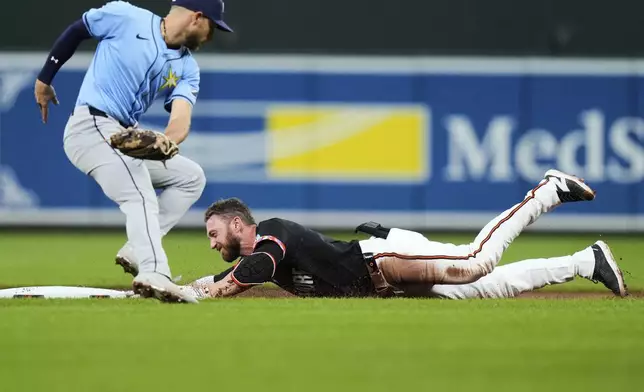 Baltimore Orioles' Jordan Westburg, right, slides into second base in front of Tampa Bay Rays shortstop Jose Caballero, left, after hitting a double during the first inning of a baseball game, Friday, June 27, 2025, in Baltimore. (AP Photo/Stephanie Scarbrough)