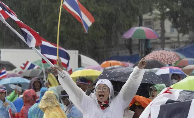Protesters gather at Victory Monument demanding Thailand's Prime Minister Paetongtarn Shinawatra resign in Bangkok, Thailand, Saturday, June 28, 2025. (AP Photo/Wason Wanichakorn)