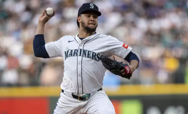 Seattle Mariners starter Luis Castillo delivers a pitch during the fourth inning of a baseball game against the Pittsburgh Pirates, Saturday, July 5, 2025, in Seattle. (AP Photo/Stephen Brashear)
