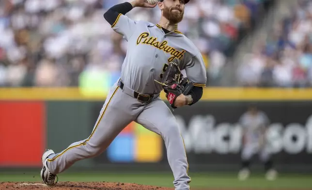 Pittsburgh Pirates starter Mike Burrows delivers a pitch during the fourth inning of a baseball game against the Seattle Mariners, Saturday, July 5, 2025, in Seattle. (AP Photo/Stephen Brashear)