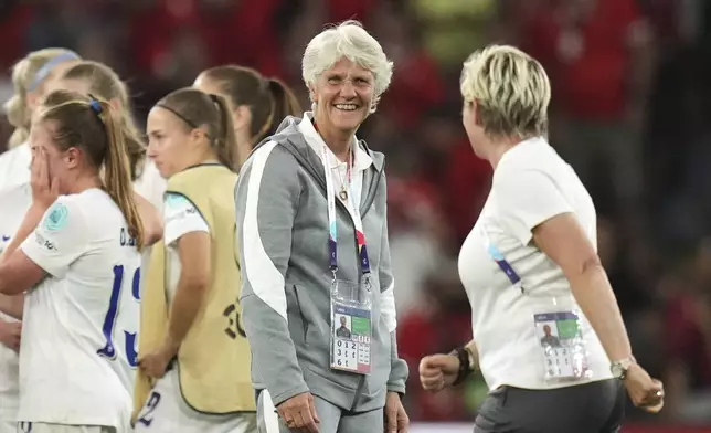 Switzerland head coach Pia Sundhage smiles at the end of the Euro 2025, group A, soccer match between Finland and Switzerland at Stade de Geneve in Geneva, Switzerland, Thursday, July 10, 2025. (AP Photo/Alessandra Tarantino)