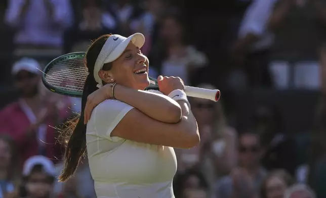 Amanda Anisimova of the U.S. celebrates winning the women's singles quarter finals match against Anastasia Pavlyuchenkova of Russia at the Wimbledon Tennis Championships in London, Tuesday, July 8, 2025.(AP Photo/Kin Cheung)