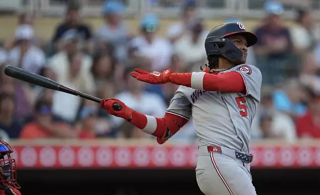 Washington Nationals' CJ Abrams hits a two-run double during the fifth inning of a baseball game against the Minnesota Twins, Saturday, July 26, 2025, in Minneapolis. (AP Photo/Abbie Parr)