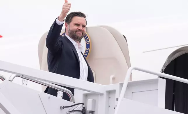 Vice President JD Vance boards Air Force Two at Joint Base Andrews, Md., Wednesday, July 16, 2025. Vance is traveling to West Pittston, Pa., for an event touting the "One Big Beautiful Bill Act." (Saul Loeb/Pool via AP)