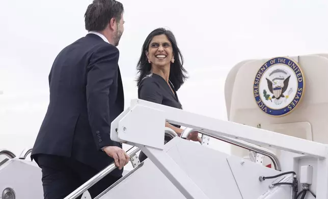 Vice President JD Vance and second lady Usha Vance board Air Force Two at Joint Base Andrews, Md., Wednesday, July 16, 2025. Vance is traveling to West Pittston, Pa., for an event touting the "One Big Beautiful Bill Act." (Saul Loeb/Pool via AP)https://epix.ap.org/#