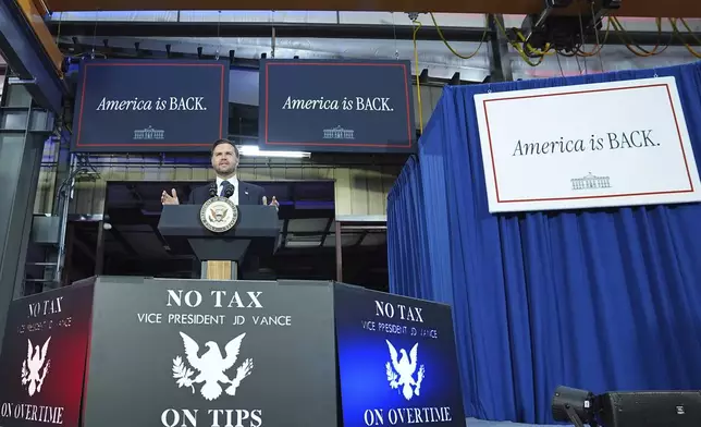 Vice President JD Vance speaks at Don's Machine Shop in West Pittston, Pa., Wednesday, July 16, 2025. (AP Photo/Matt Rourke)