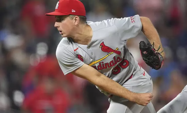 St. Louis Cardinals starting pitcher Michael McGreevy works against the Colorado Rockies in the seventh inning of a baseball game Monday, July 21, 2025, in Denver. (AP Photo/David Zalubowski)