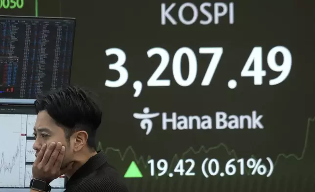A currency trader watches monitors near a screen showing the Korea Composite Stock Price Index (KOSPI) at the foreign exchange dealing room of the Hana Bank headquarters in Seoul, South Korea, Monday, July 21, 2025. (AP Photo/Ahn Young-joon)
