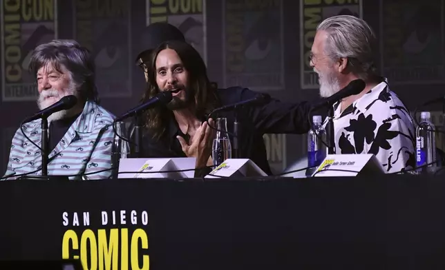 Writer Steven Lisberger, from left, Jared Leto, and Jeff Bridges attend a panel for "Tron: Ares" during Comic-Con International on Friday, July 25, 2025, in San Diego. (Photo by Richard Shotwell/Invision/AP)