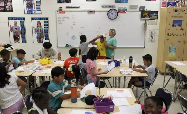 LASOS summer campers work on an art project at Bel Air High School in Bel Air, Md., on Thursday, July 24, 2025. (AP Photo/KT Kanazawich)
