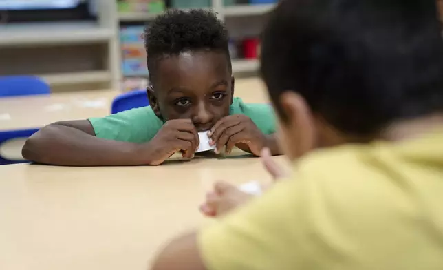 Kyro Sanchez, 7, participates in a science activity about pollinators during the East Providence Boys and Girls Club Summer Camp at Emma G. Whiteknact Elementary School on Thursday, July 10, 2025, in Providence, R.I. (AP Photo/Sophie Park)