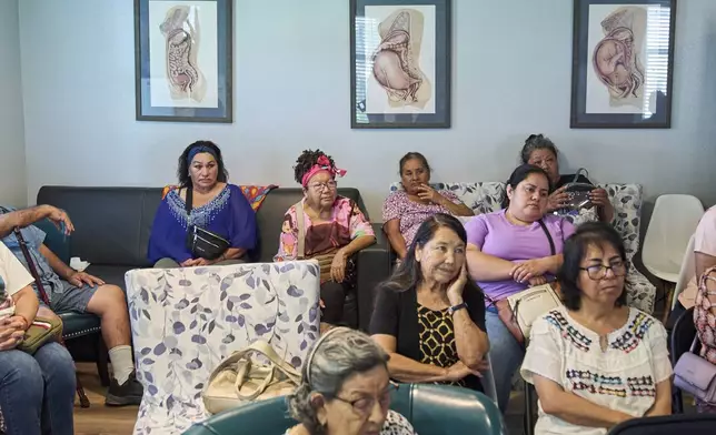 With posters illustrating stages of pregnancy behind them, people attend a health clinic about diabetes held by Holy Family Services, a birth center and women's clinic in the Rio Grande Valley, Wednesday, June 18, 2025, in Weslaco, Texas. (AP Photo/Jacquelyn Martin)