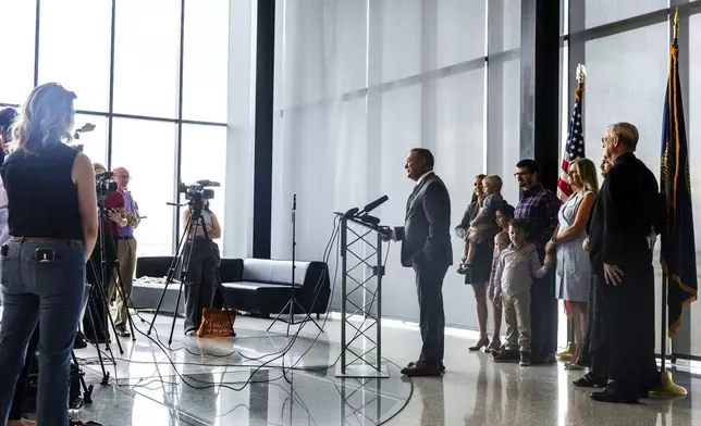 Rep. Don Bacon, R-Neb. announces his retirement during a press conference at Eppley Airfield in Omaha, Neb. on Monday, June 30, 2025. (Chris Machian/Omaha World-Herald via AP)
