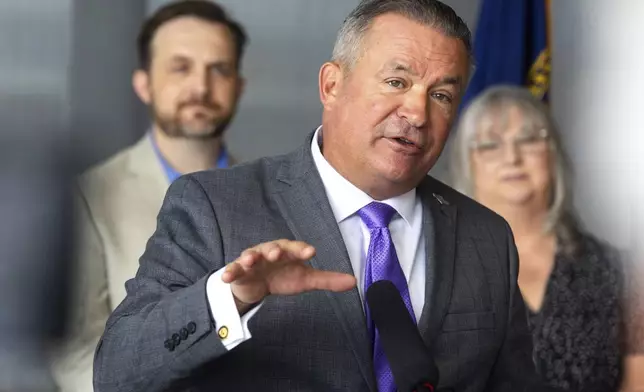Rep. Don Bacon, R-Neb. announces his retirement during a press conference at Eppley Airfield in Omaha, Neb. on Monday, June 30, 2025. (Chris Machian/Omaha World-Herald via AP)