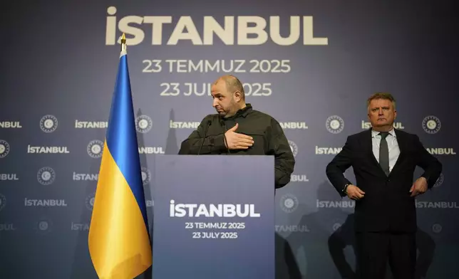 Ukraine's Defense Minister Rustem Umerov, left, gestures during a news conference following a meeting between Russian and Ukrainian delegations for peace talks at Ciragan palace, in Istanbul, Turkey, Wednesday, July 23, 2025. (AP Photo/Emrah Gurel)