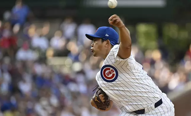 Chicago Cubs pitcher Shota Imanaga delivers during the first inning of a baseball game against the Boston Red Sox, Saturday, July 19, 2025, in Chicago. (AP Photo/Matt Marton)