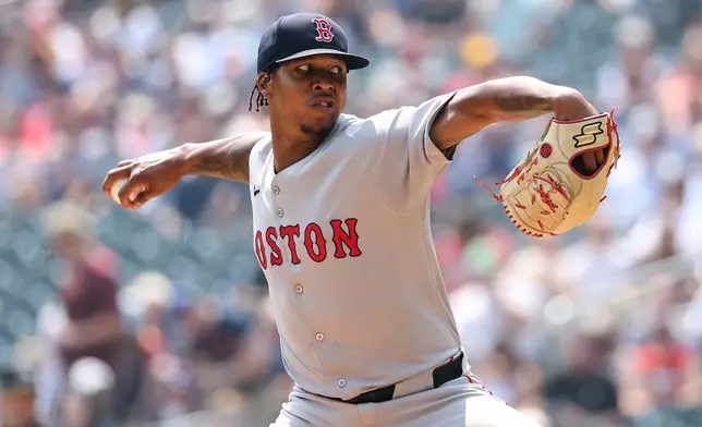 Boston Red Sox starting pitcher Brayan Bello (66) throws during the first inning of baseball game against the Minnesota Twins, Wednesday, July 30, 2025, in Minneapolis. (AP Photo/Matt Krohn)
