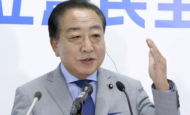 Yoshihiko Noda, leader of the Constitutional Democratic Party of Japan, speaks to the media following the upper house election at the party headquarters in Tokyo, Sunday, July 20, 2025. (Kyodo News via AP)