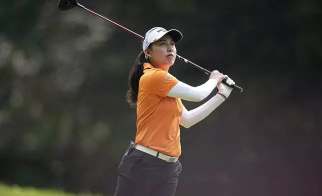 Jeeno Thitikul, of Thailand, plays on the 4th hole during the last round of the Evian Championship women's golf tournament, in Evian, eastern France, Sunday, July 13, 2025. (AP Photo/Laurent Cipriani)