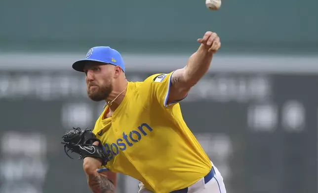 Boston Red Sox's Garrett Crochet delivers a pitch to a Los Angeles Dodgers batter in the first inning of a baseball game, Saturday, July 26, 2025, in Boston. (AP Photo/Steven Senne)