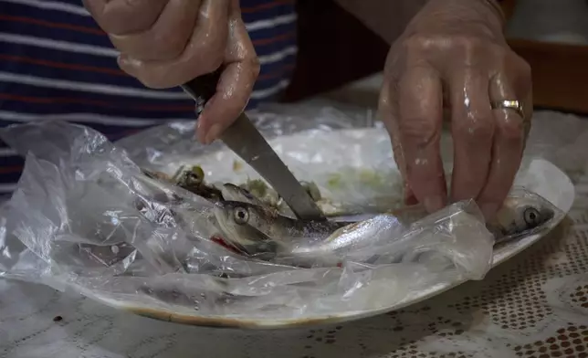 A woman cuts a fish as she prepares dinner for her family in Rasht, northwest of Tehran near the Caspian Sea, Friday, June 20, 2025. Once considered safer than the capital, the city's sense of security was shattered midway through the war when explosions struck. (AP Photo)