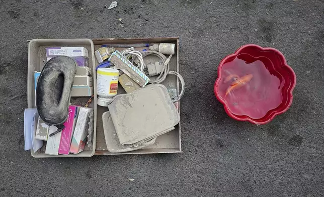 A goldfish was rescued alive from the rubble after one of the heaviest blasts on the final night of the war, in Tehran, Iran, Tuesday, June 24, 2025, Several residential buildings were destroyed, and one family managed to recover only the father's medication, a pair of his shoes, and this goldfish from the debris. (AP Photo)