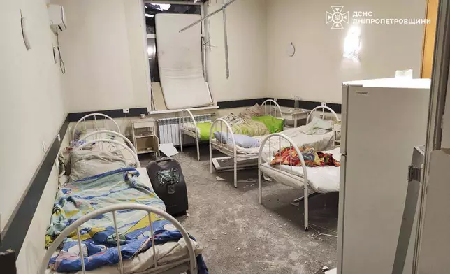 This photo provided by the Ukrainian Emergency Service, shows an empty hospital room following Russia's missile attack that hit a hospital killing two in Kamianske, Dnipropetrovsk region, Ukraine, Tuesday, July 29, 2025. (Ukrainian Emergency Service via AP)