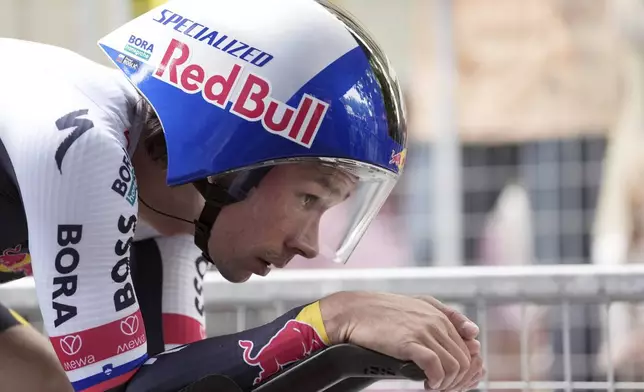 FILE - Slovenia's Primoz Roglic of Red Bull competes during the 10th stage of the Giro d'Italia cycling race, an individual time trial from Lucca to Pisa, Italy, May 20, 2025. (Massimo Paolone/LaPresse via AP, File)