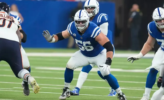 FILE - Indianapolis Colts guard Quenton Nelson (56) blocks during the first half of an NFL football game against the Chicago Bears, Sunday, Sept. 22, 2024, in Indianapolis. (AP Photo/Darron Cummings, File)