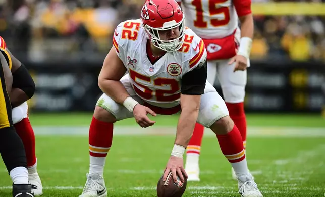 FILE - Kansas City Chiefs center Creed Humphrey waits to snap the ball during the second half of an NFL football game against the Pittsburgh Steelers in Pittsburgh, Wednesday, Dec. 25, 2024. The Chiefs won 29-10. (AP Photo/David Dermer, File)