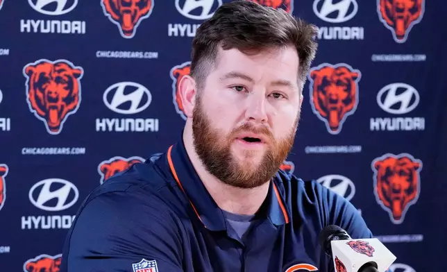 FILE - FILE - Chicago Bears offensive guard Joe Thuney talks to media during an NFl football news conference at Halas Hall in Lake Forest, Ill., Wednesday, March 12, 2025. (AP Photo/Nam Y. Huh, File)