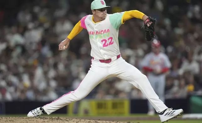 San Diego Padres relief pitcher Mason Miller works against a St. Louis Cardinals batter during the eighth inning of a baseball game Friday, Aug. 1, 2025, in San Diego. (AP Photo/Gregory Bull)