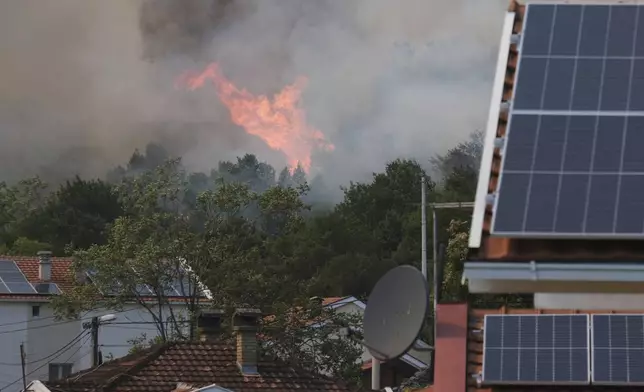 Smoke and flames rise from trees burning in a wildfire near Montenegro's capital of Podgorica, Monday, Aug. 11, 2025. (AP Photo/Risto Bozovic)