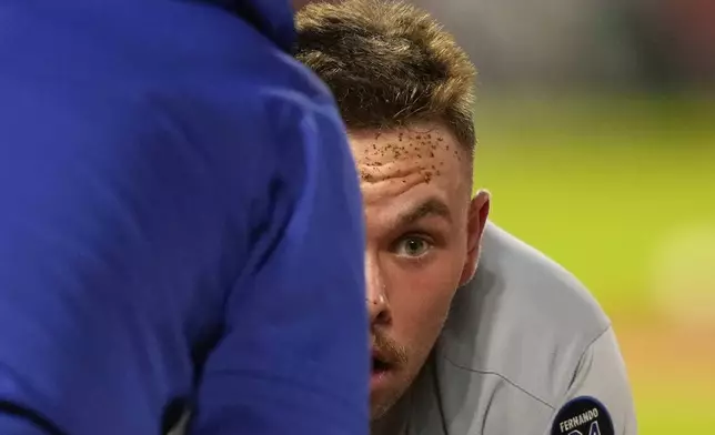 Los Angeles Dodgers' Dalton Rushing is checked on by a trainer after being tagged out in the last out of a triple play during the sixth inning of a baseball game Tuesday, Aug. 12, 2025, in Anaheim, Calif. (AP Photo/Mark J. Terrill)
