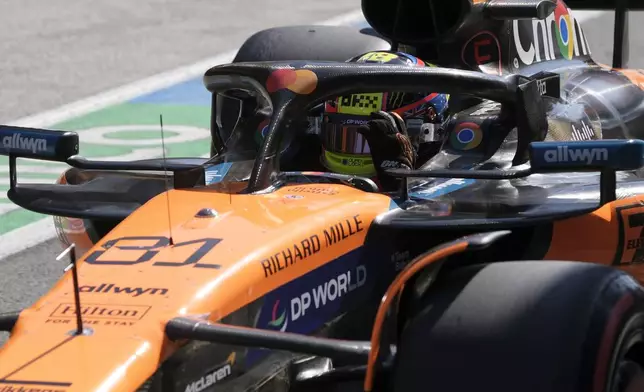 McLaren driver Oscar Piastri of Australia steers his car during the qualifying session ahead of the Formula One Dutch Grand Prix at the Zandvoort racetrack in Zandvoort, Netherlands, Saturday, Aug. 30, 2025. (AP Photo/Patrick Post, Pool)
